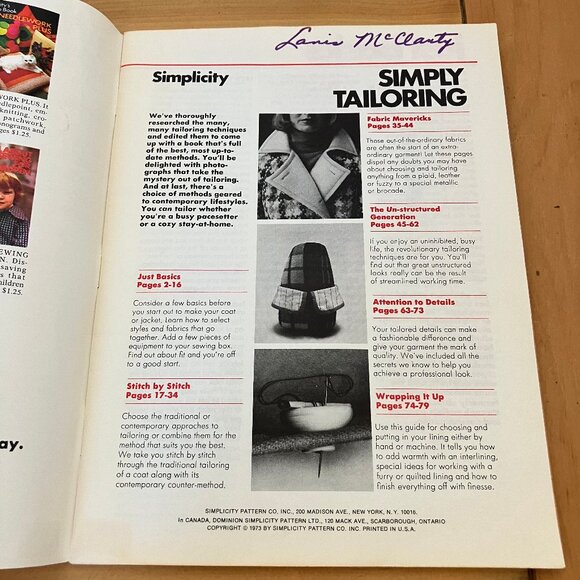 Simply Tailoring Simplicity How-To Book Vintage 70s Fashion Sewing Tips & Tricks - Picture 2 of 5